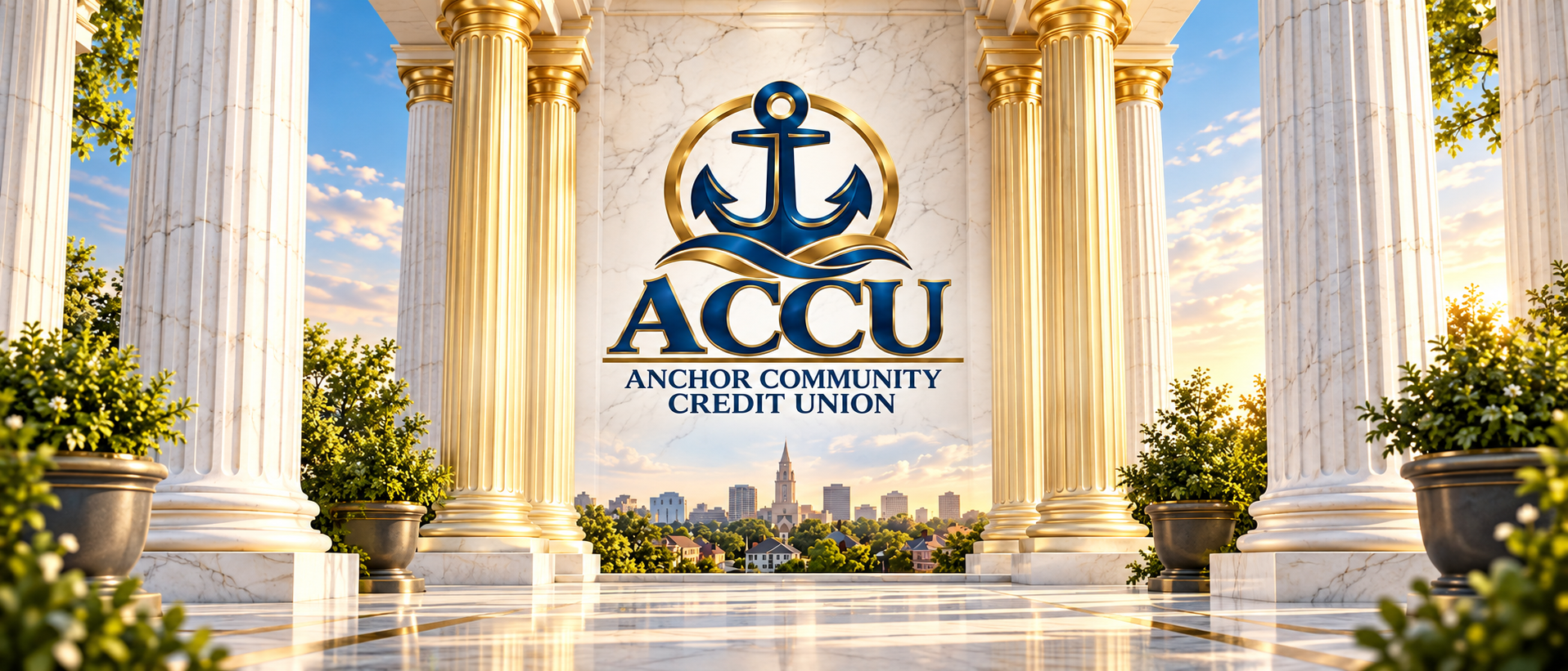 The Anchor Community Credit Union emblem set between marble columns, overlooking a Louisiana skyline at sunset