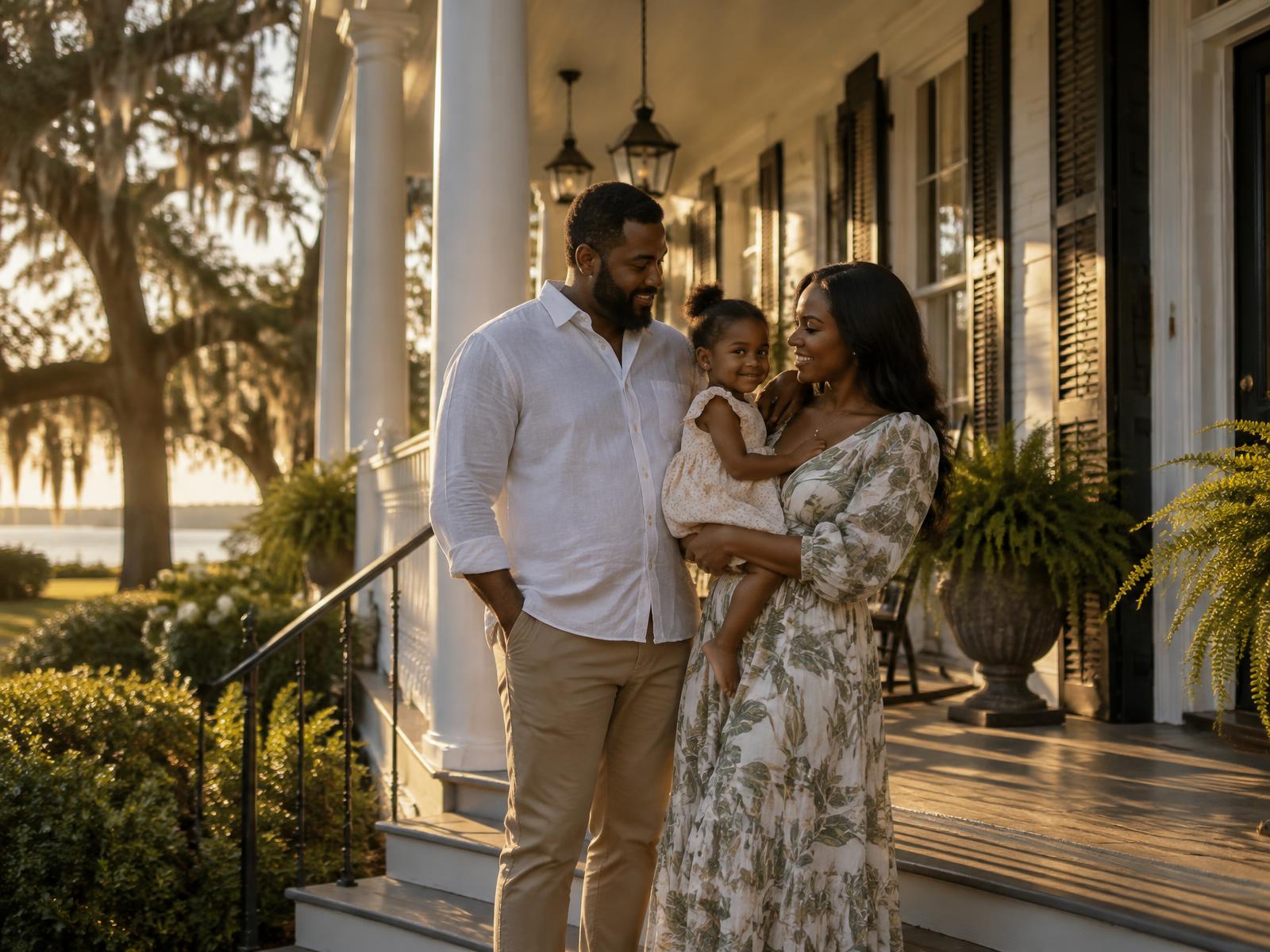 A family standing together on the porch of a Louisiana home at sunset